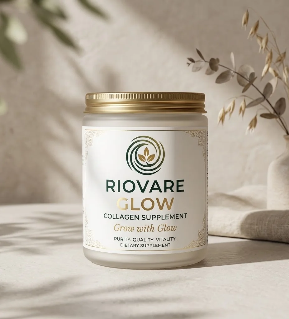 RioVare Glow collagen supplement with a cream and gold label